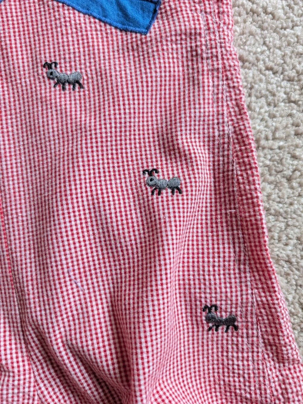 12 Month Boys Red White Plaid Shortalls Jon Jons Ant Magnifying Glass Applique